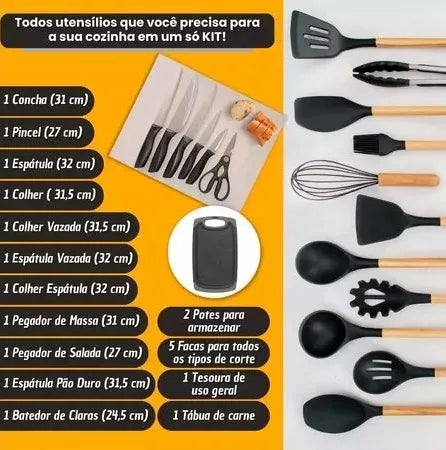 SUPER Kit Completo de Utensílios de Cozinha Luxo de 19 Peças Com Tábua em Silicone Kitchen Pro®