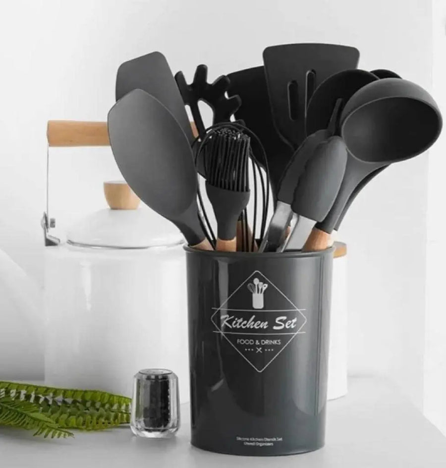 Jogo Kit C/12 Peças Utensílios De Cozinha Colheres Espatula Silicone Cabo Madeira Decoração Livre BPA