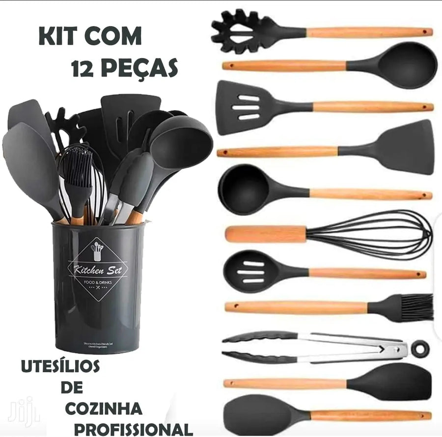 Jogo Kit C/12 Peças Utensílios De Cozinha Colheres Espatula Silicone Cabo Madeira Decoração Livre BPA