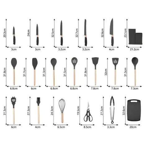 SUPER Kit Completo de Utensílios de Cozinha Luxo de 19 Peças Com Tábua em Silicone Kitchen Pro®