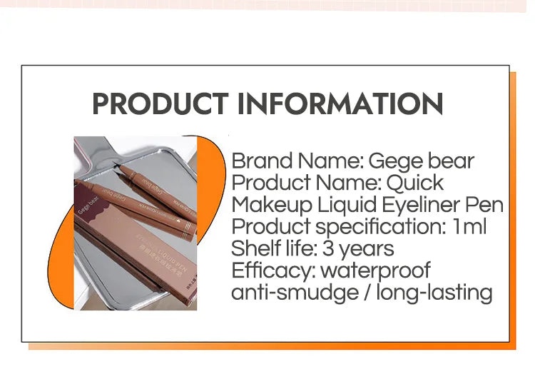Gege Bear-Caneta delineador líquido à prova d'água, à prova de manchas, maquiagem rápida e precisa, secagem rápida e suave