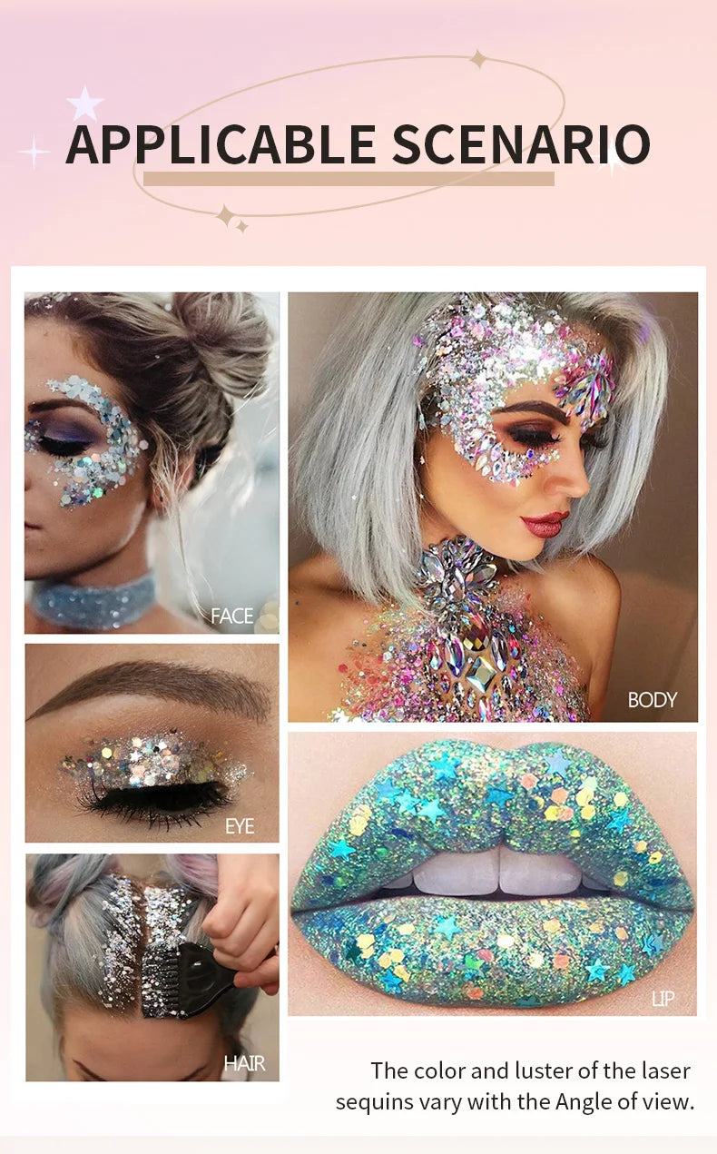 Gel Brilhante Lantejoulas, Brilho Corporal, Longa Atuação, Rosto, Olhos, Cabelo, Formatura, Festa, Balança de Sereia, Não é Fácil de Tirar Maquiagem